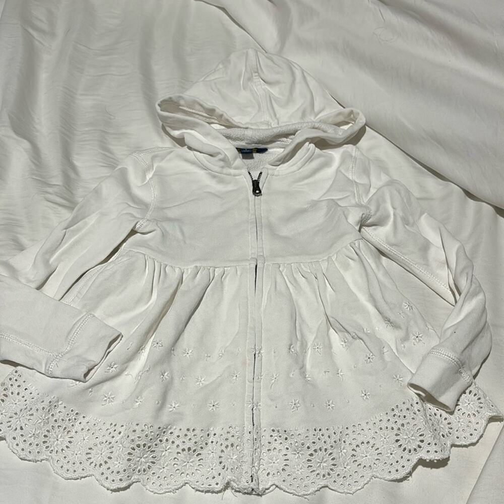 Ralph Lauren 6 white front zip hooded French Terry embroidered Eyelet detail euc